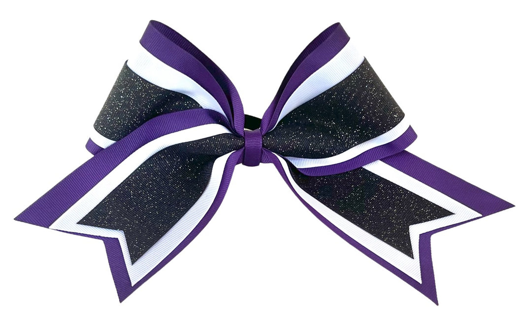 Elite Hair Bows: Triple Ribbon Layered Cheer Hair Bow - Purple, White, Black Glitter