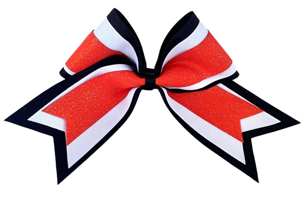 Elite Hair Bows: Triple Ribbon Layered Cheer Hair Bow -  Black, White, Orange Glitter