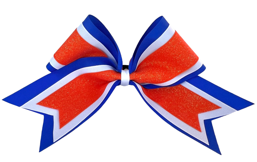 Elite Hair Bows: Triple Ribbon Layered Cheer Hair Bow - Blue, White, Orange Glitter