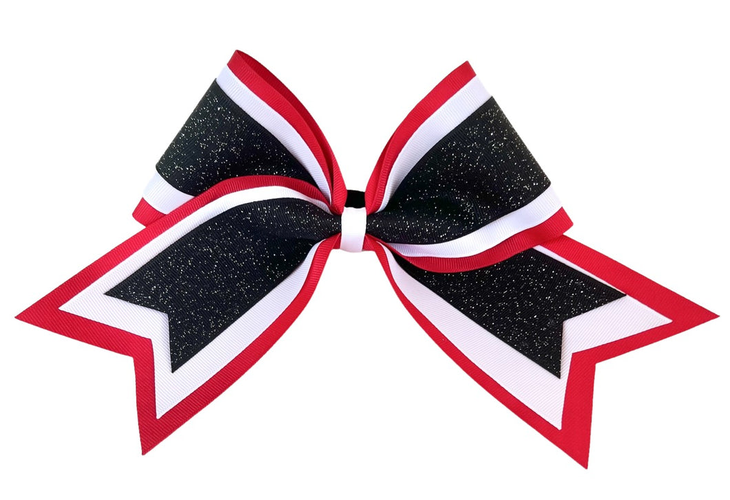 Elite Hair Bows: Triple Ribbon Layered Cheer Hair Bow -Red, White, Black Glitter