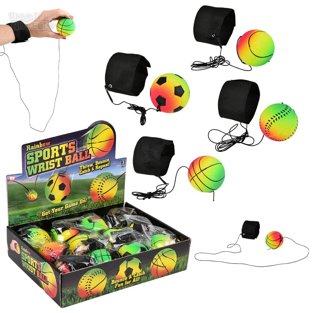 12 Pack Rainbow Sports Wrist Balls- Baseball, Soccer, Basketball, Tennis