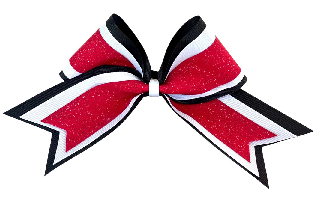 Elite Hair Bows: Triple Ribbon Layered Cheer Hair Bow - Black, White, Red Glitter