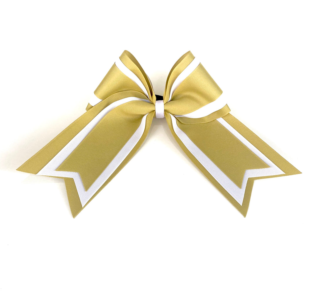 Elite Hair Bows: Triple Ribbon Layered Cheer Hair Bow - Vegas Gold, White, Vegas Gold