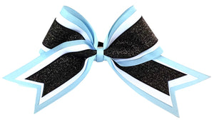 Elite Hair Bows: Triple Ribbon Layered Cheer Hair Bow - Baby Blue, White, Black Glitter