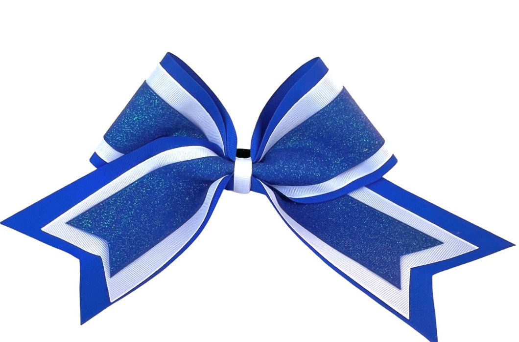Elite Hair Bows: Triple Ribbon Layered Cheer Hair Bow - Blue, White, Blue Glitter